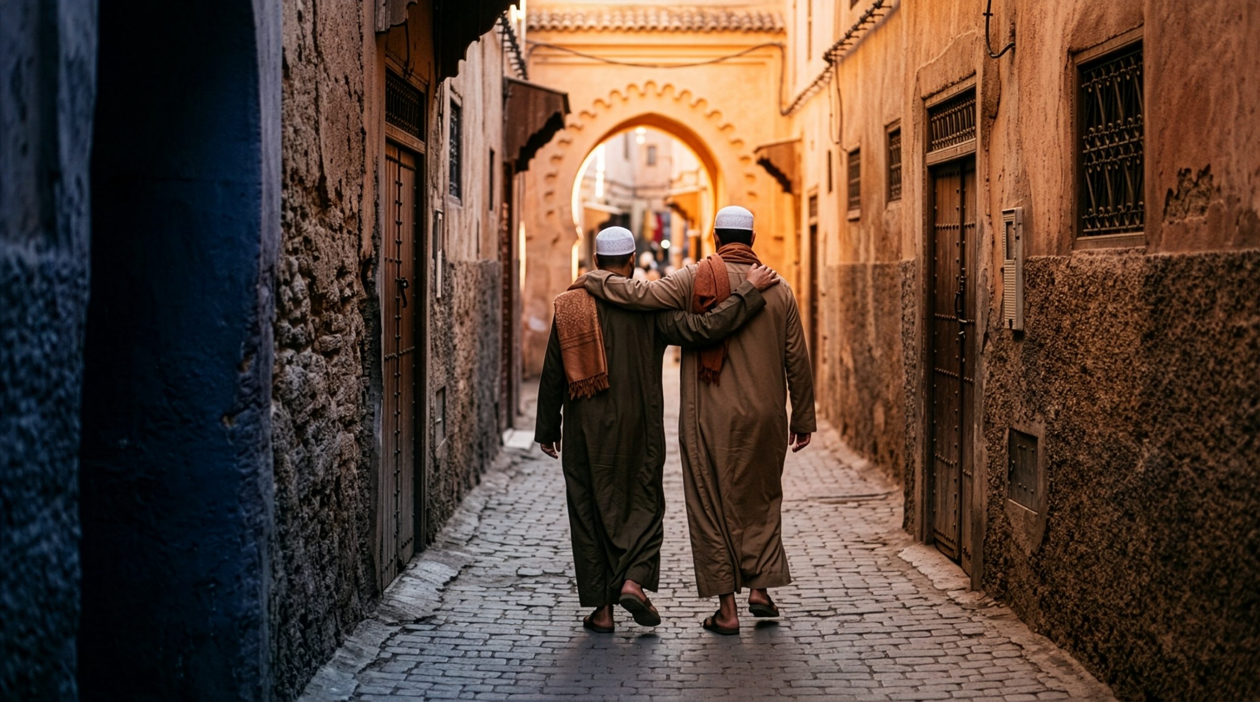 Two men walking in narrow alleyway.