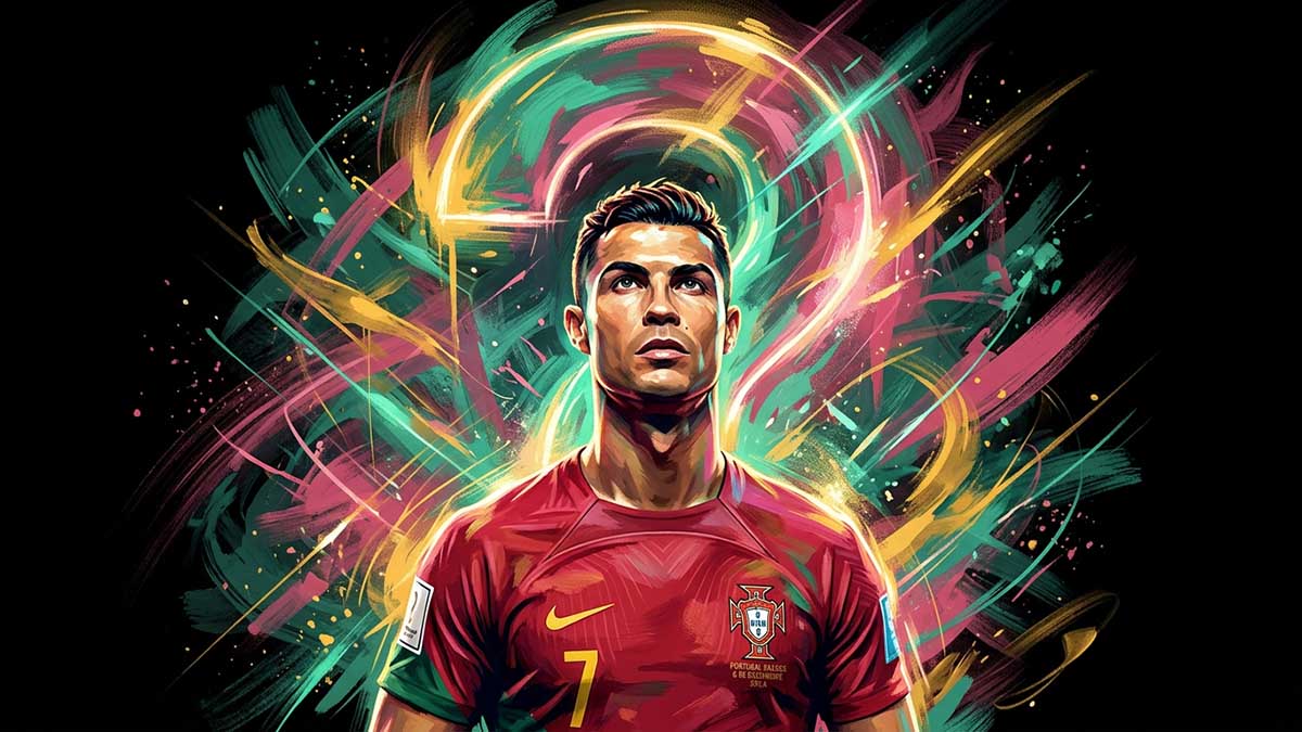 Painted poster for Is Ronaldo Muslim, a lone star footballer silhouette beneath a glowing question mark