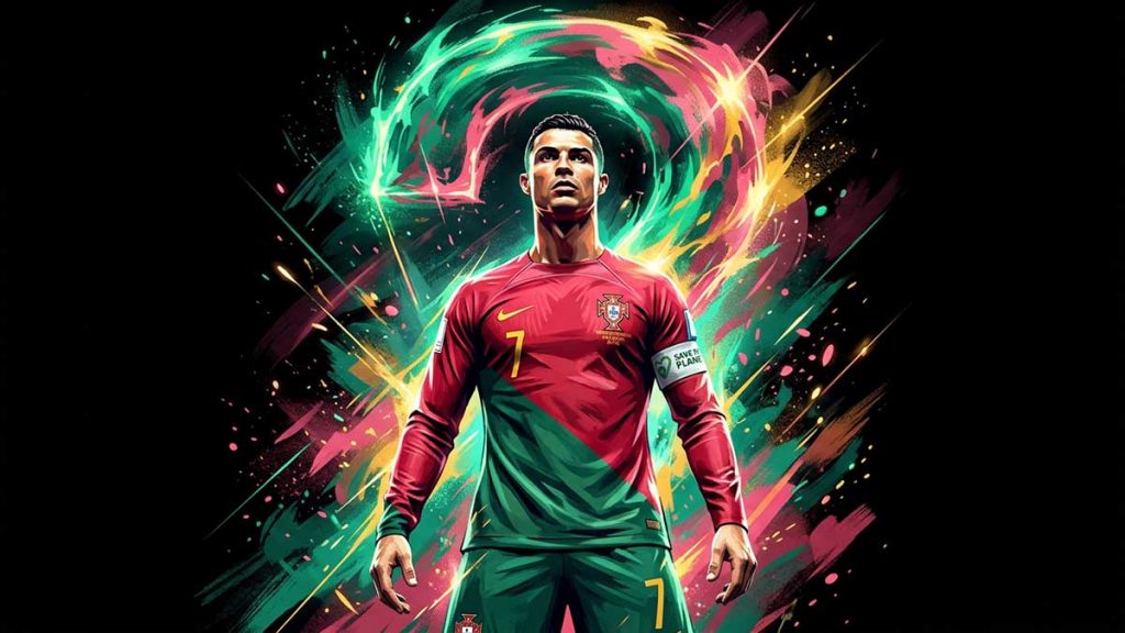 Painted intro artwork for Is Ronaldo Muslim with a silhouetted footballer and a glowing question mark