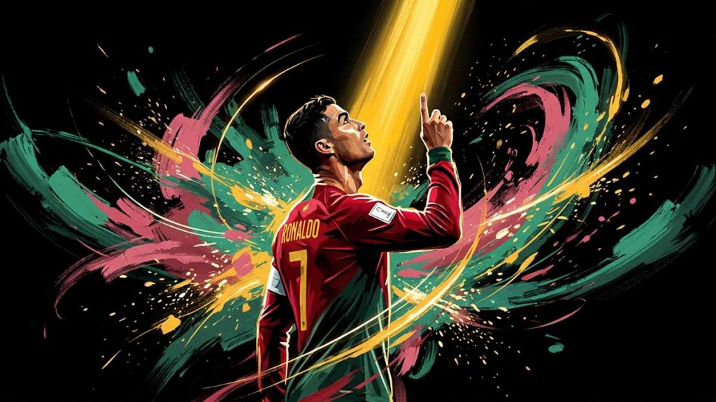 Painting of a lone footballer pointing to the sky, illustrating the honest answer to Is Ronaldo Muslim