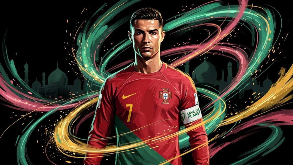 Painting of a footballer before a skyline of domes and minarets, why the Ronaldo Muslim question trends
