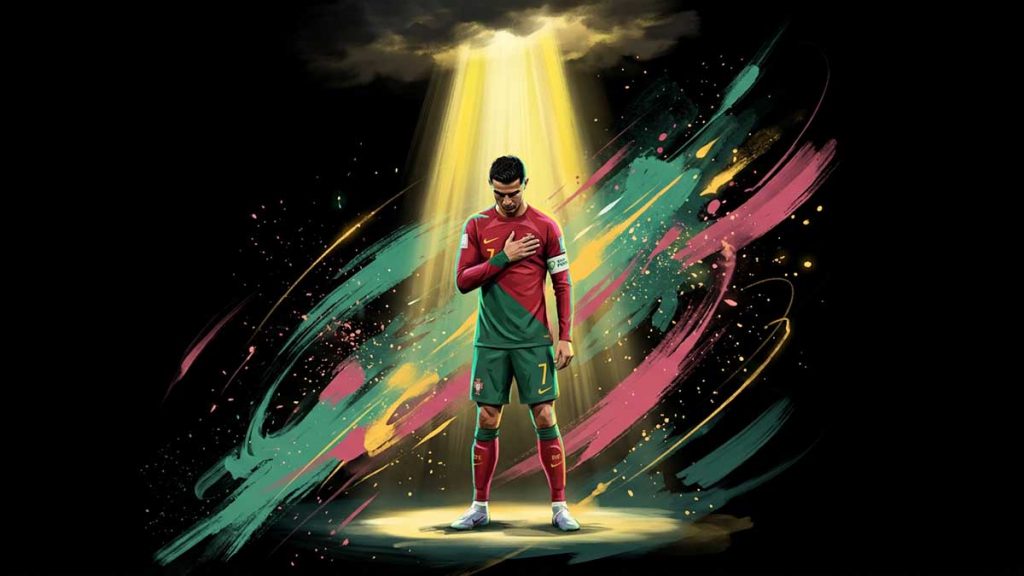 Painting of a footballer in a quiet reverent moment, illustrating Ronaldo's real Catholic faith