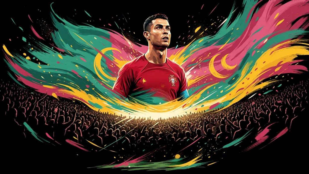 Painting of a footballer before a vast crowd with flowing flags, the Muslim world's embrace