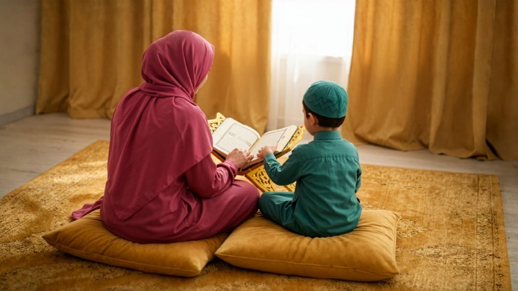 Femme musulmane et fils lisant le Saint Coran