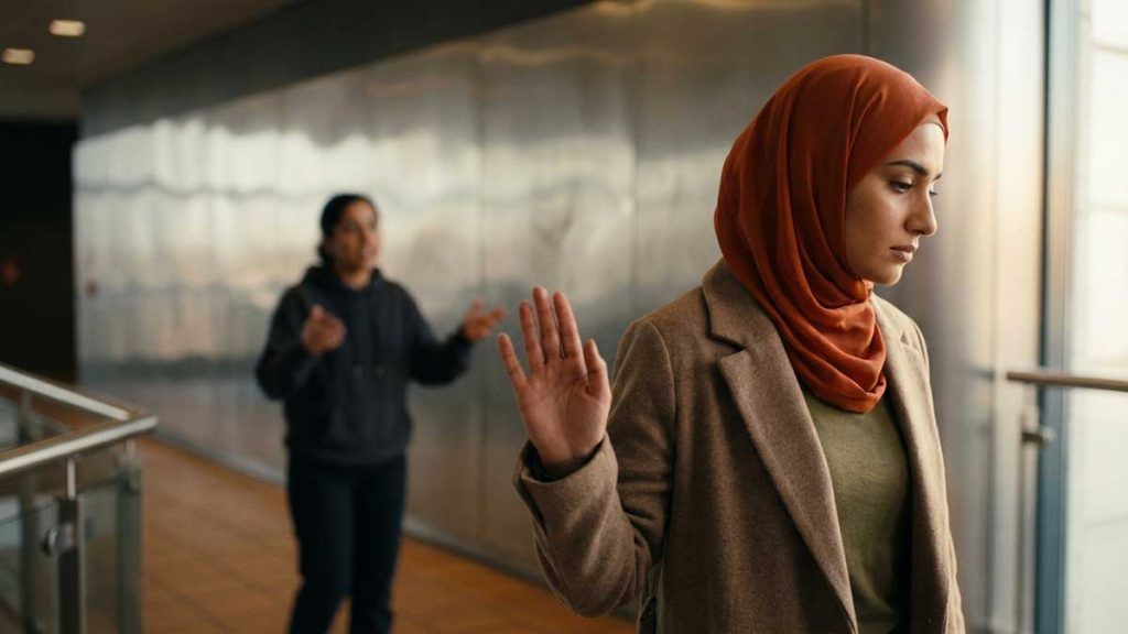 Anger in Islam Muslim woman stepping back from argument with calm gesture