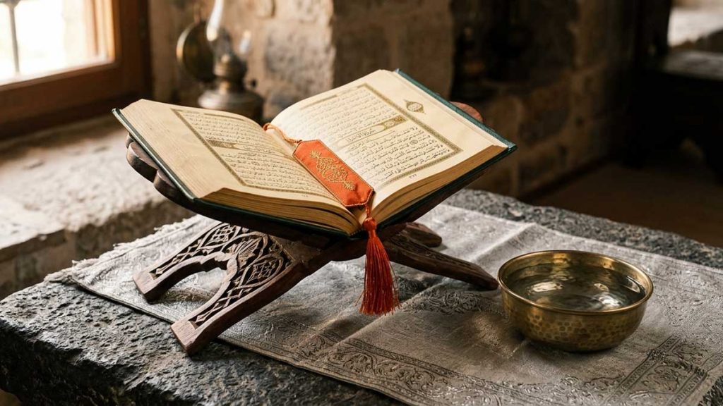 Anger in Islam open Quran beside bowl of cooling water