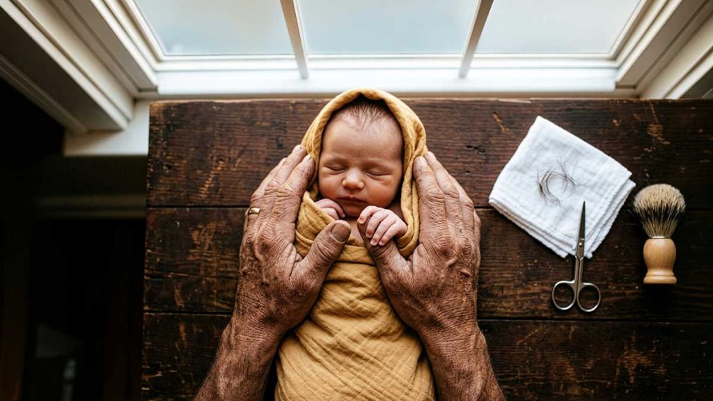 Aqiqah in Islam father's hands holding newborn in golden cloth