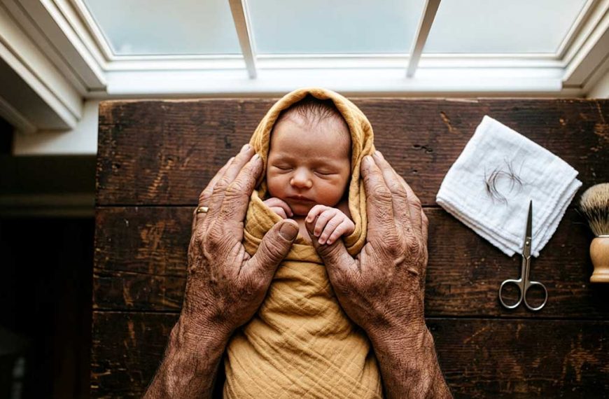 Aqiqah in Islam father's hands holding newborn in golden cloth