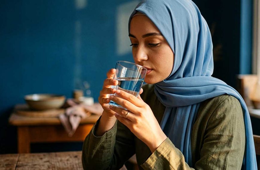 Water in Islam Muslim woman holding glass of water pausing before drinking