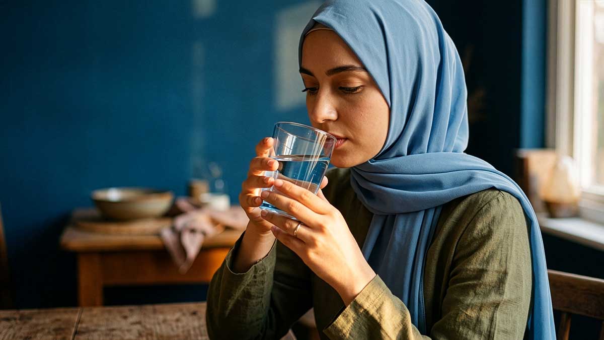 Water in Islam Muslim woman holding glass of water pausing before drinking