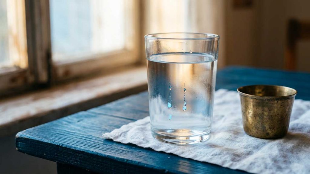 Water in Islam glass of water with condensation on blue surface