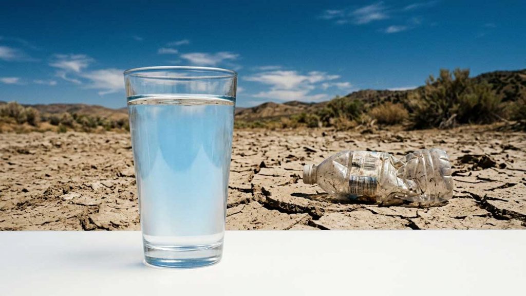 Water in Islam discarded plastic bottle contrasted with glass of water
