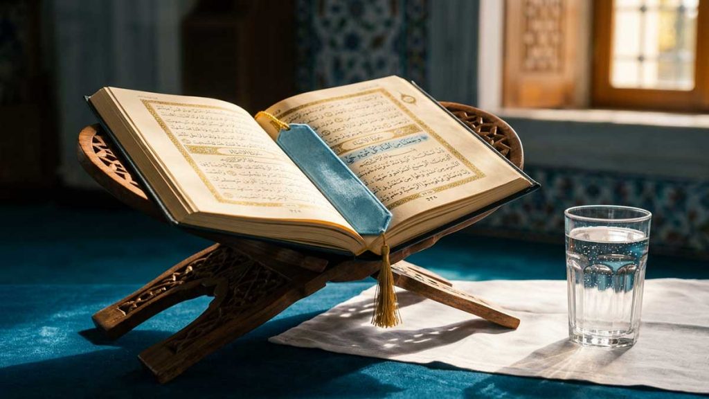 Water in Islam open Quran beside glass of water