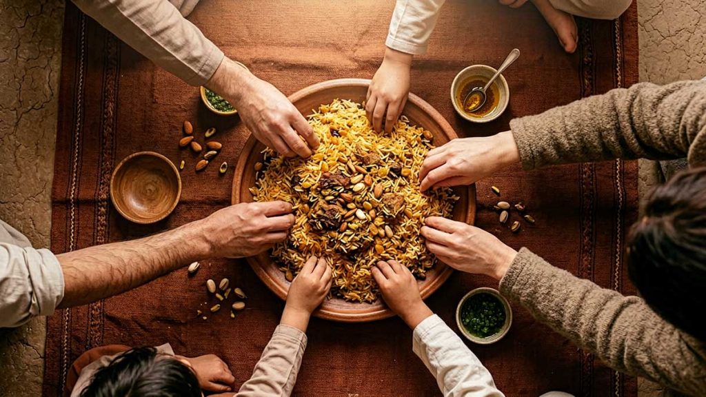 Eating in Islam artwork showing the lesson of eat together, not alone