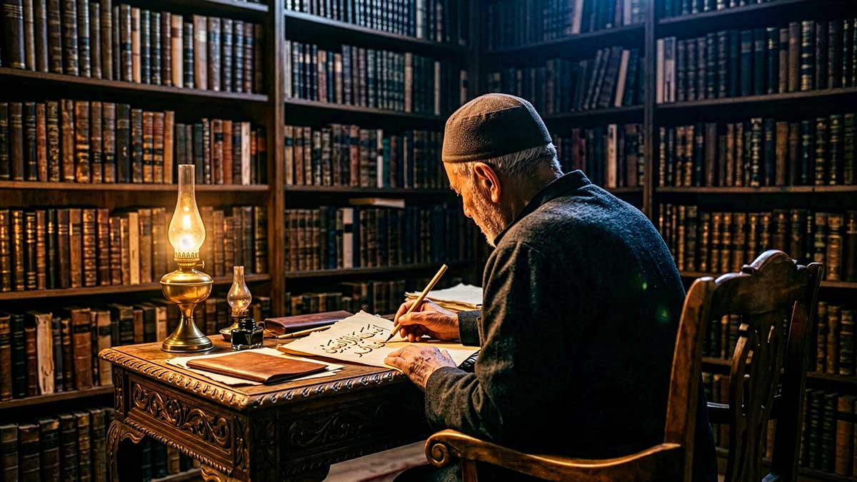 Education in Islam Muslim scholar writing at desk surrounded by books
