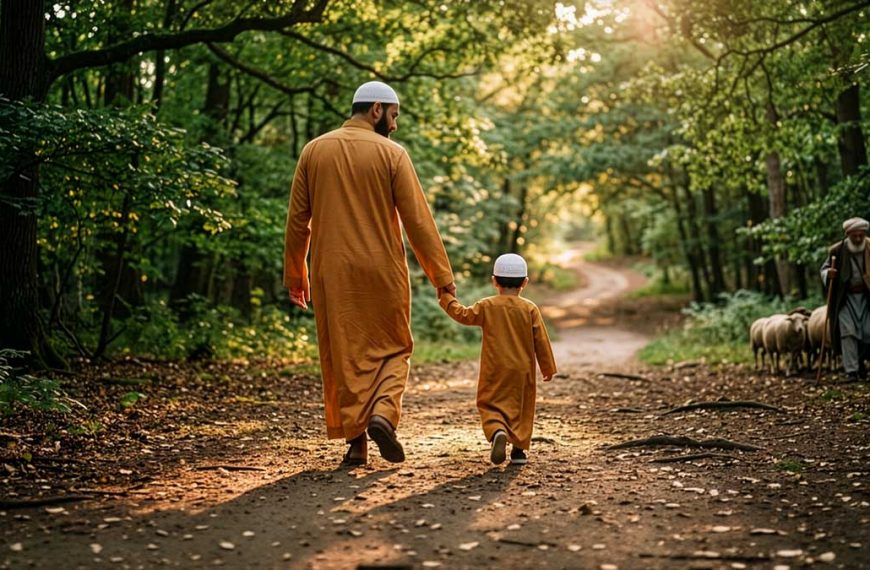 Fathers in Islam father walking with son on tree-lined path