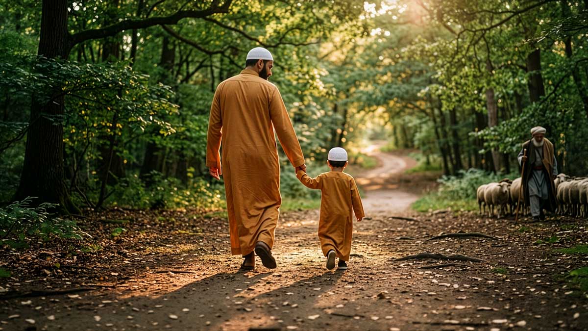 Fathers in Islam father walking with son on tree-lined path
