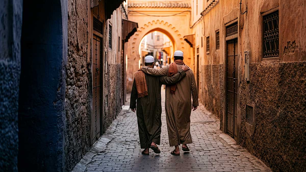 Friends in Islam two Muslim men walking together in medina alley