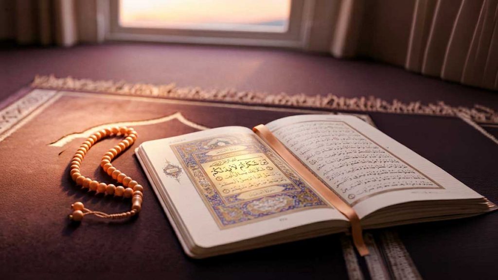 Gratitude in Islam open Quran beside bowl of fruits blessings