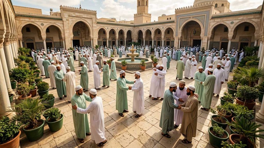 Greeting in Islam Muslims greeting each other in mosque courtyard