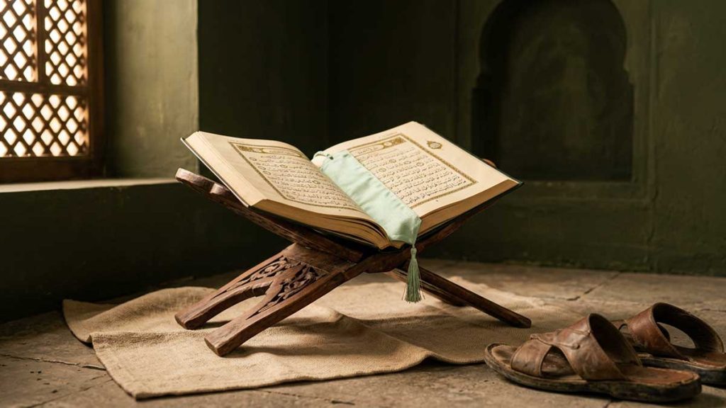 Greeting in Islam open Quran with sandals and peaceful atmosphere