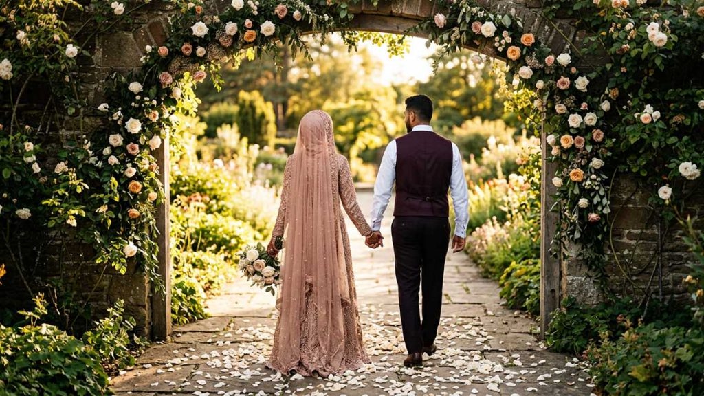 Marriage in Islam Muslim couple walking through garden archway together