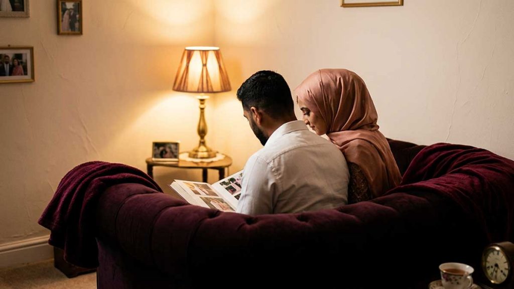 Marriage in Islam Muslim couple looking at photos together on couch