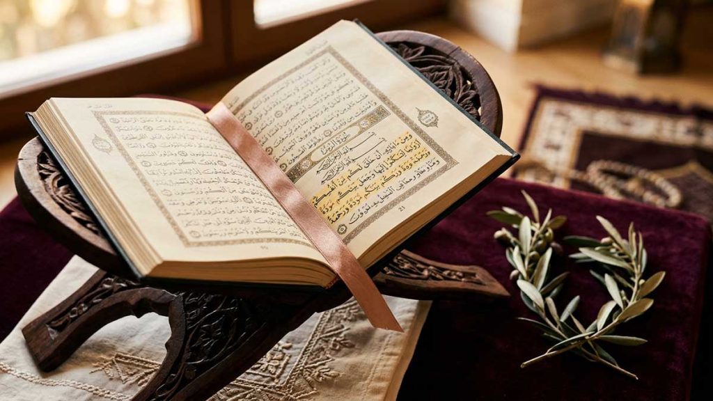 Marriage in Islam open Quran with intertwined olive branches