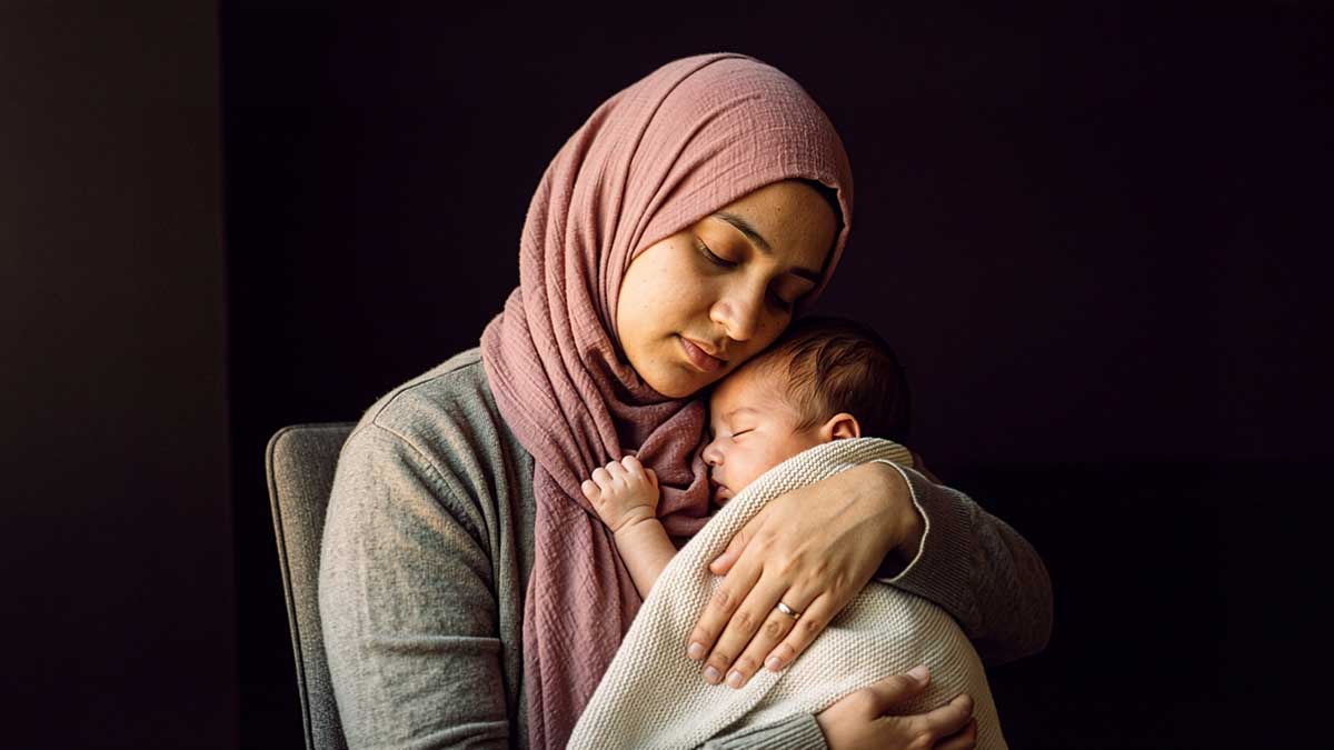 Mothers in Islam Muslim mother cradling sleeping baby in rose hijab