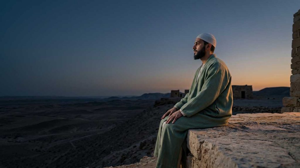 Patience in Islam Muslim man with sage cloak at desert dusk
