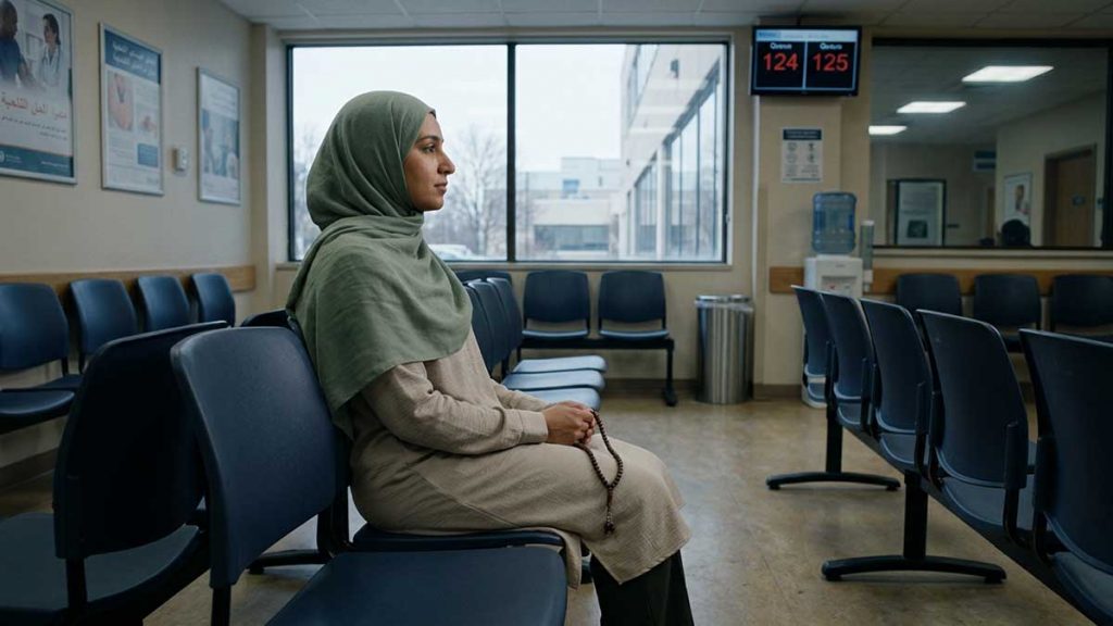 Patience in Islam Muslim woman waiting patiently in hospital with prayer beads
