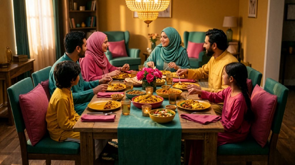Muslim family following the Prophet guidance regarding eating and drinking