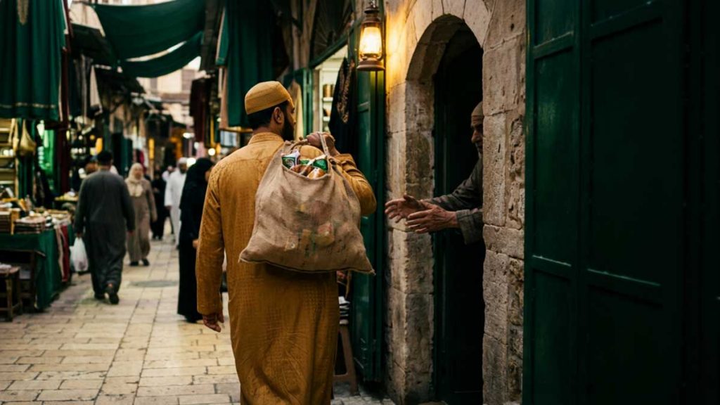 Zakat and Sadaqah Muslim man carrying provisions to give Charity in Islam