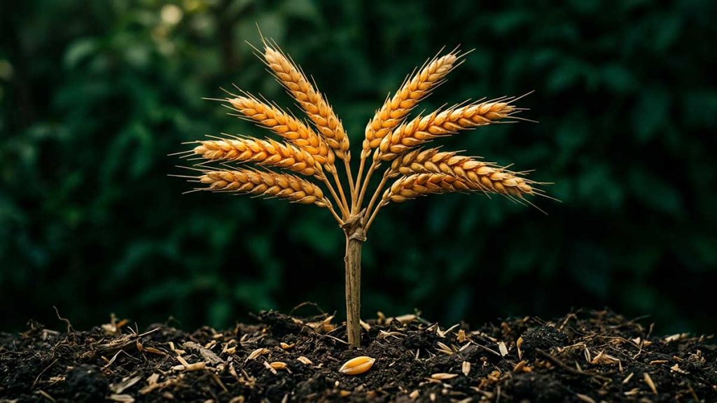 Charity in Islam: wheat stalk splitting into seven ears of golden grain