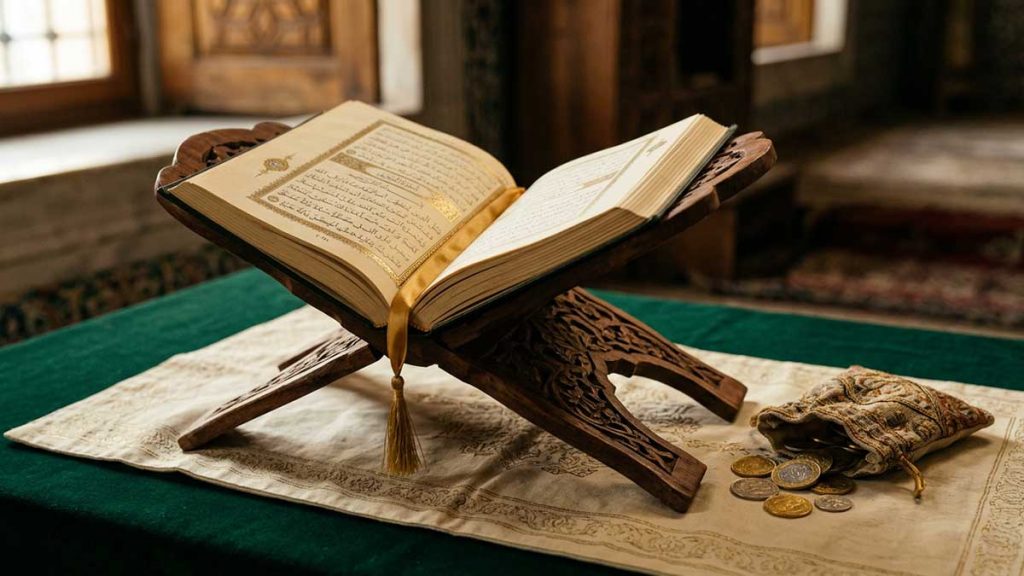 Zakat and Sadaqah open Quran beside pouch of coins