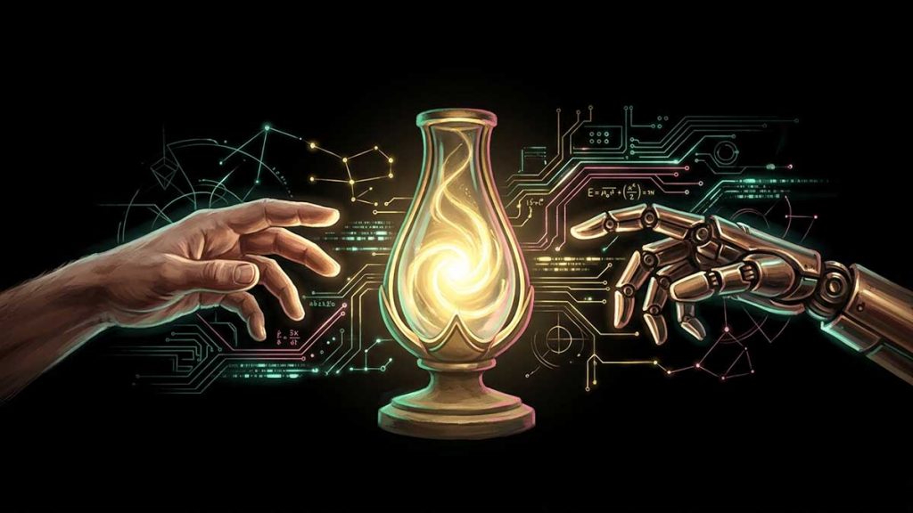 AI and Islam illustration of a human and robotic hand beneath a lamp of knowledge