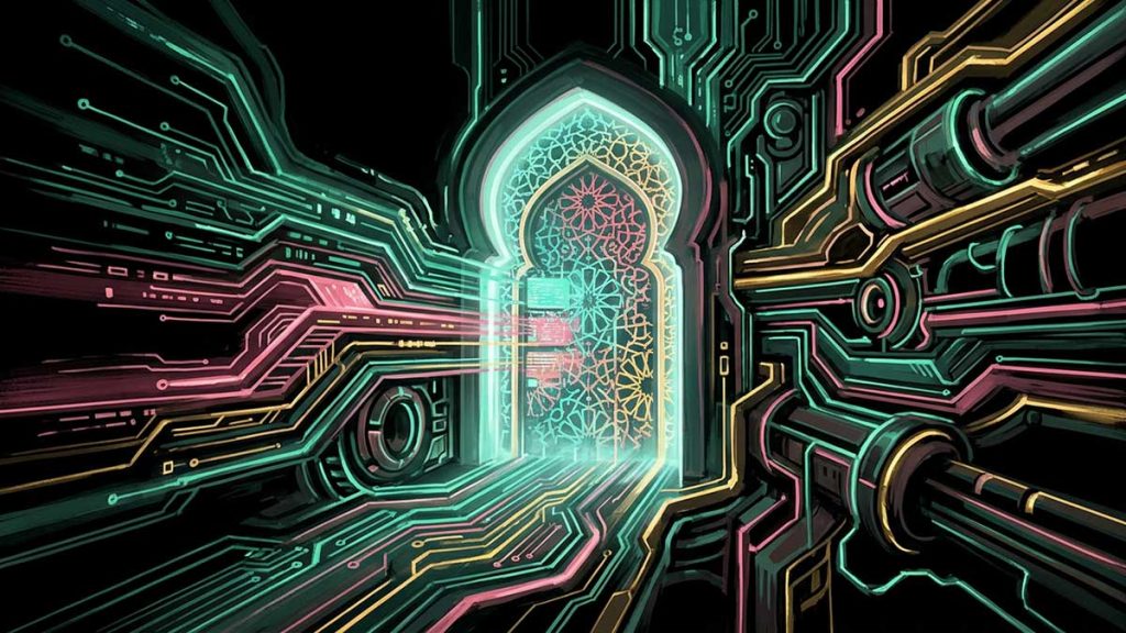 AI and Islam artwork of data streams flowing into a mosque archway