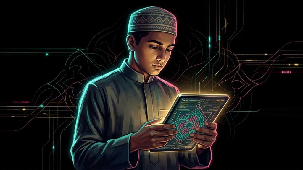 A Muslim using a tablet beside Islamic geometric decoration