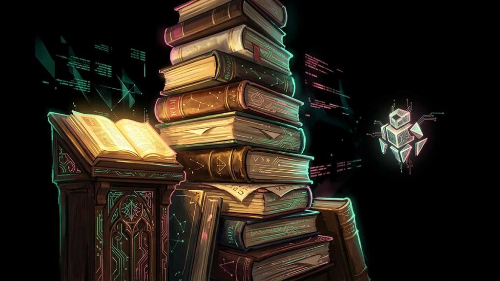 Classical Islamic books and a lectern beside a small robot symbol