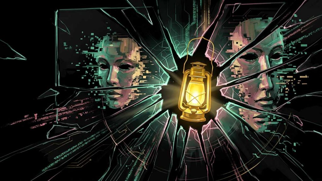 A shattered mirror of glitching masks pierced by a lantern of truth