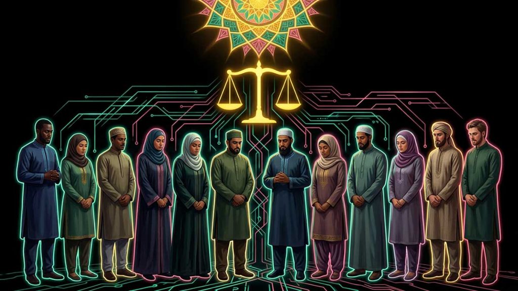 Diverse people standing beneath balanced scales of justice