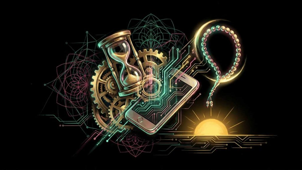 AI and Islam artwork of gears and a phone transforming into prayer beads