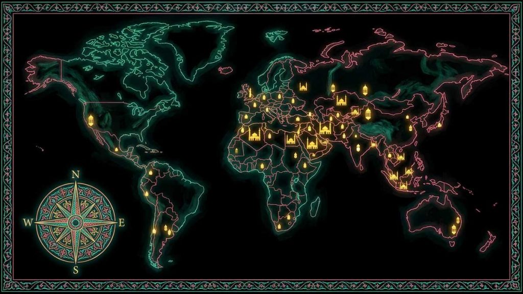 Hidden Islamic landmarks illustrated world map with glowing mosque icons