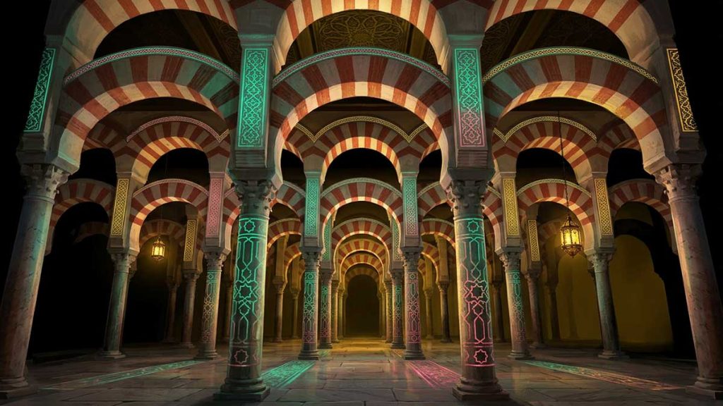 Hidden Islamic landmarks painting of the striped arches of Cordoba's mosque