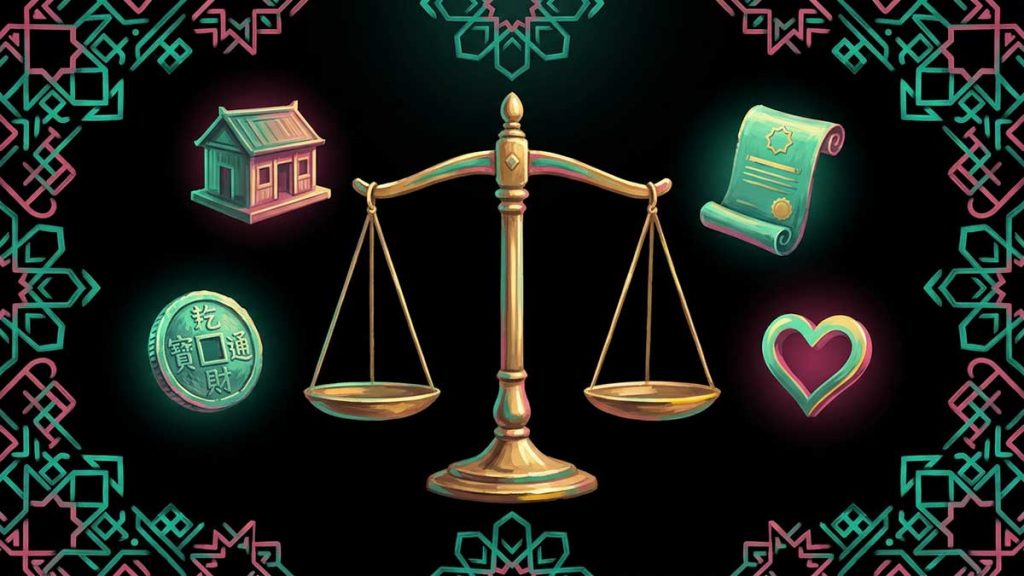 Islamic finance illustration of coins, a house and balanced scales
