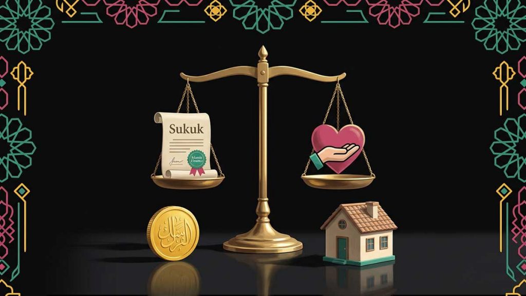 Islamic finance artwork of a broken chain around a coin symbolising no riba