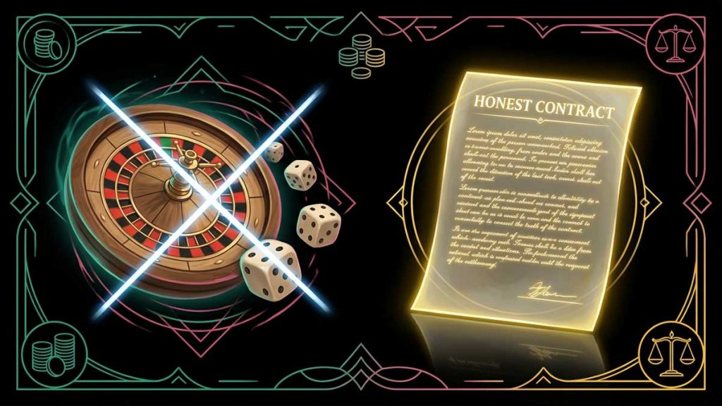 Crossed-out dice beside a clear contract symbolising no gambling
