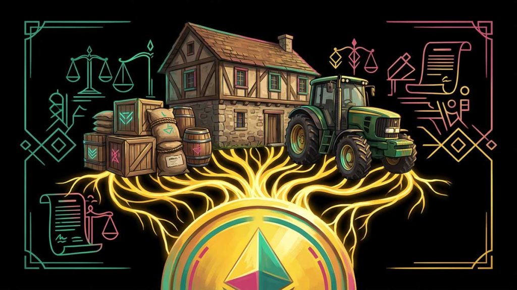 A house and goods anchored to a coin symbolising asset-backed money
