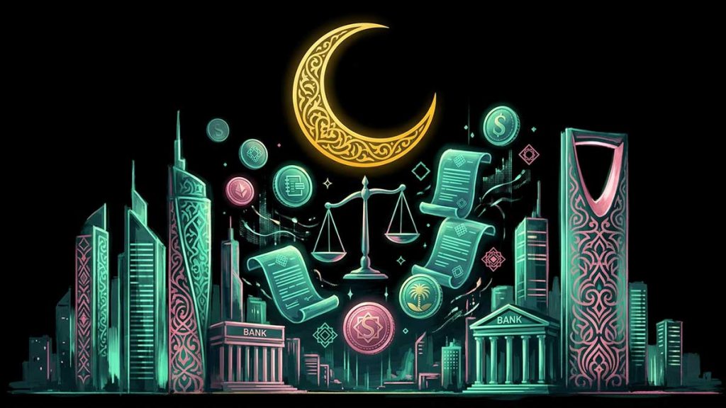 Islamic finance painting of a modern city skyline with crescent and coins