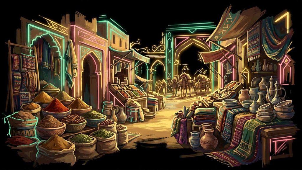 Muslim entrepreneurs artwork of a historic trading marketplace and caravan